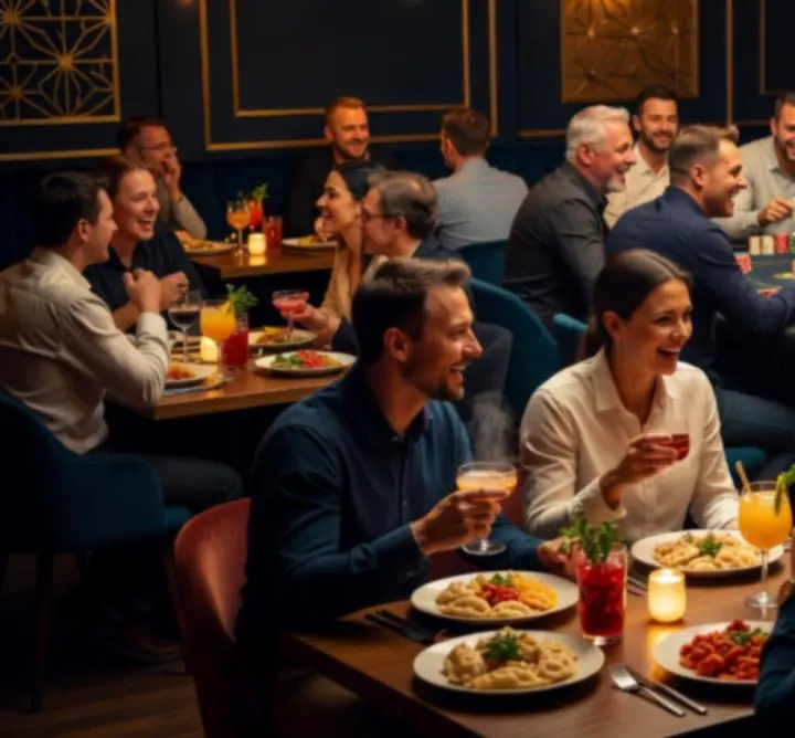 Wieczór w restauracji z pokerowym stołem i gośćmi