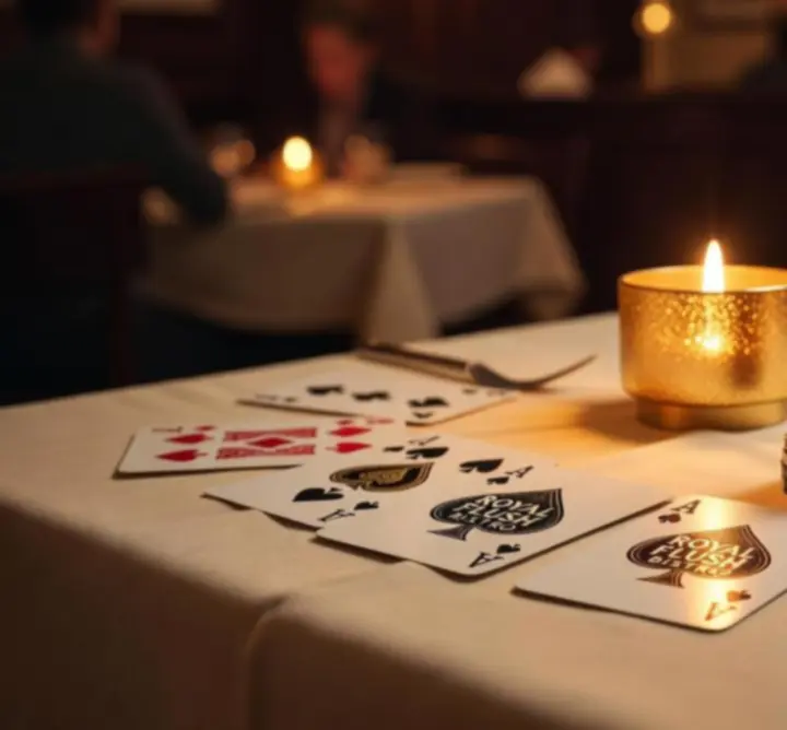 Detale wystroju z kartami i żetonami pokerowymi