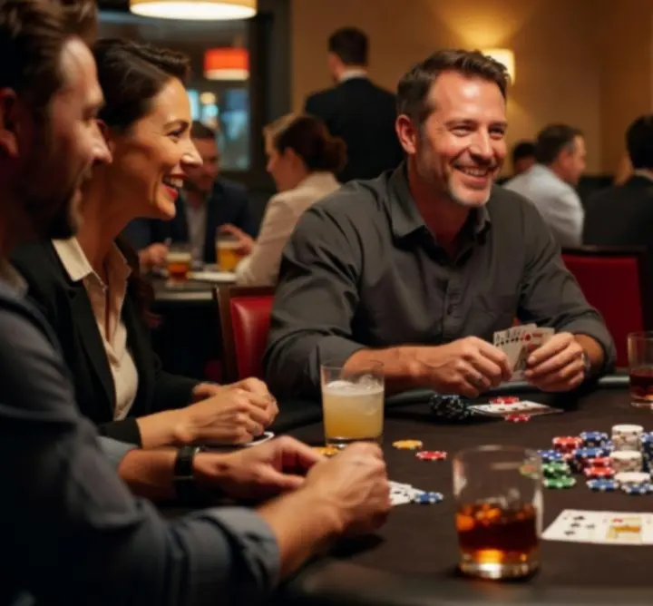 Stół pokerowy z żetonami i kartami w klimatycznym oświetleniu
