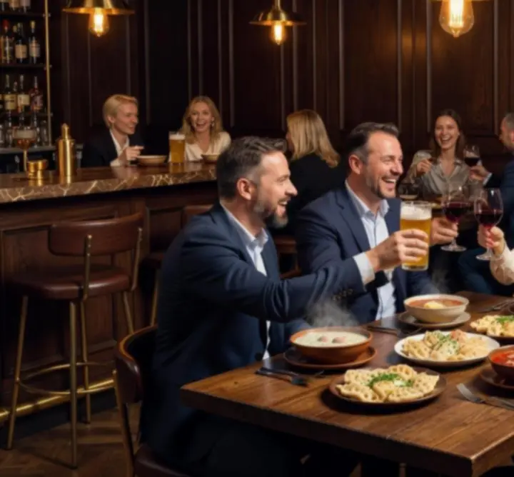 Wnętrze restauracji z gośćmi śmiejącymi się przy stolikach