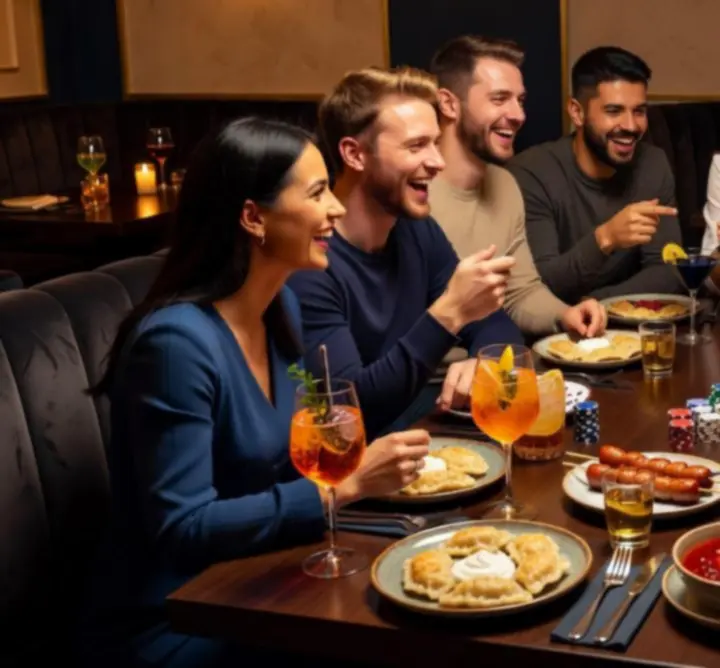 Grupa znajomych bawiąca się podczas wieczoru pokerowego w restauracji